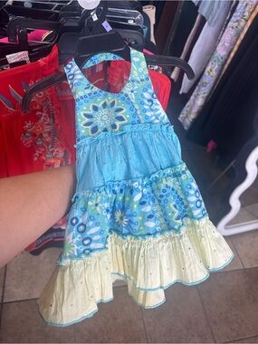 Girls Blue turquoise,Tiered Halter Sundress - Cute Floral Print
